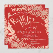 Invitation Feuilles de fête d'anniversaire Wreath Rouge Rose (Devant / Derrière)