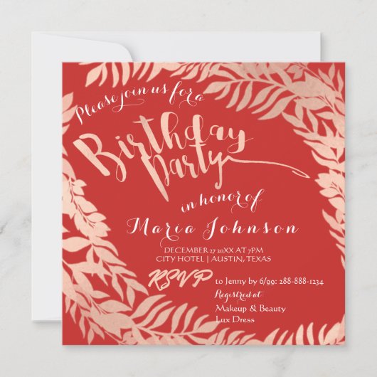 Invitation Feuilles de fête d'anniversaire Wreath Rouge Rose (Devant)