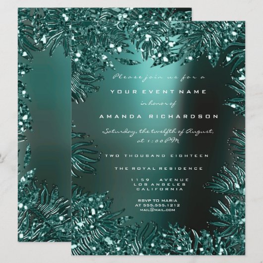 Invitation Feuilles de fougère cristaux encadrés sarcelle aqu (Devant / Derrière)