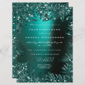 Invitation Feuilles de fougère encadrées de cristaux sarcelle (Devant / Derrière)