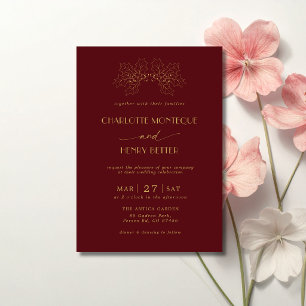 Invitation Feuilles de houx bordeaux et or Mariage de luxe