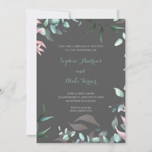 Invitation Feuilles de jardin vert et rose moderne Mariage (Devant)