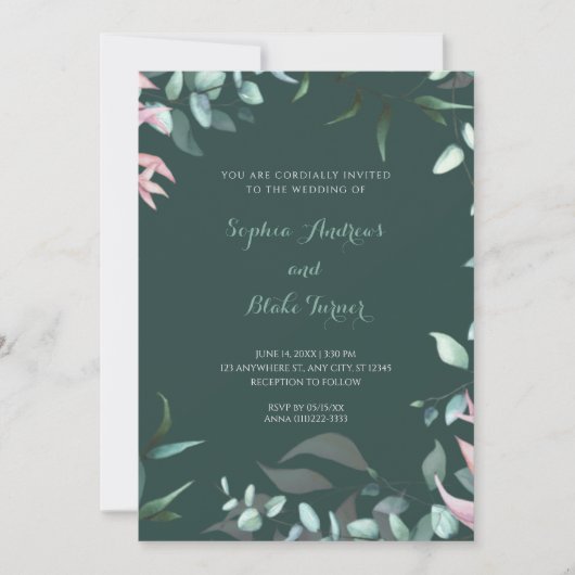Invitation Feuilles de jardin vert et rose moderne Mariage (Devant)