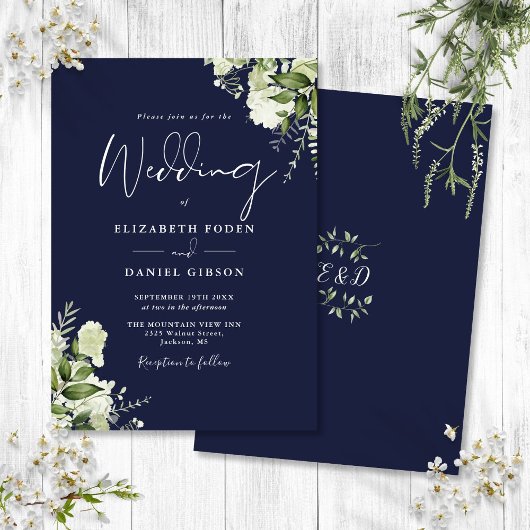 Invitation Feuilles de la marine Blue Green Mariage Monogramm
