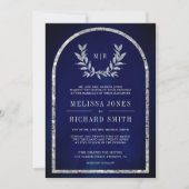 Invitation Feuilles de laurier argent Couronne Mariage Bleu R (Devant)
