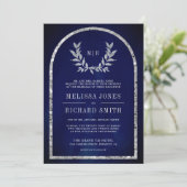 Invitation Feuilles de laurier argent Couronne Mariage Bleu R (Debout devant)