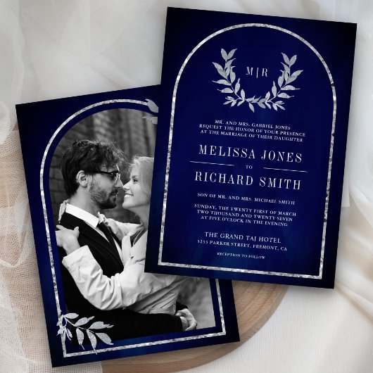 Invitation Feuilles de laurier argent Couronne Mariage Bleu R