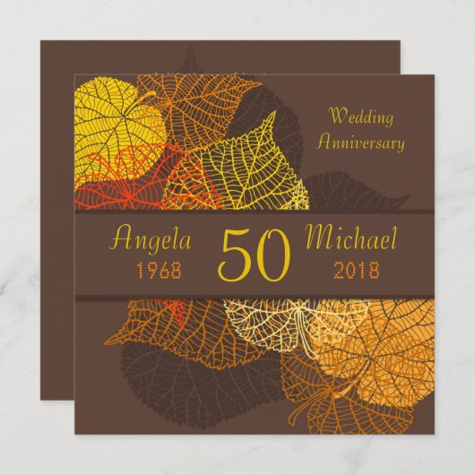 Invitation Feuilles de mariage anniversaire automnales dorées (Devant / Derrière)
