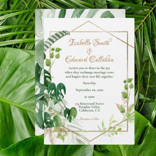 Invitation Feuilles de Monstère verte Tropicale d'or géométri
