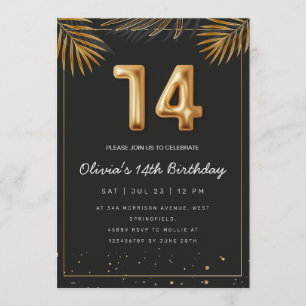 Invitation Feuilles de palmier tropical doré 14e anniversaire