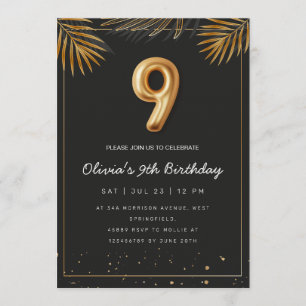 Invitation Feuilles de Palmier Tropical Doré 9e Anniversaire