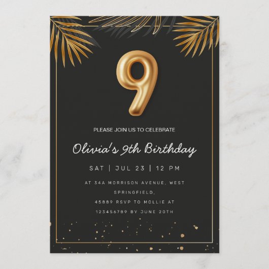 Invitation Feuilles de Palmier Tropical Doré 9e Anniversaire (Devant)