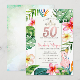 Invitation Feuilles de Palmier Tropical Fleurs Flamant Rose 5