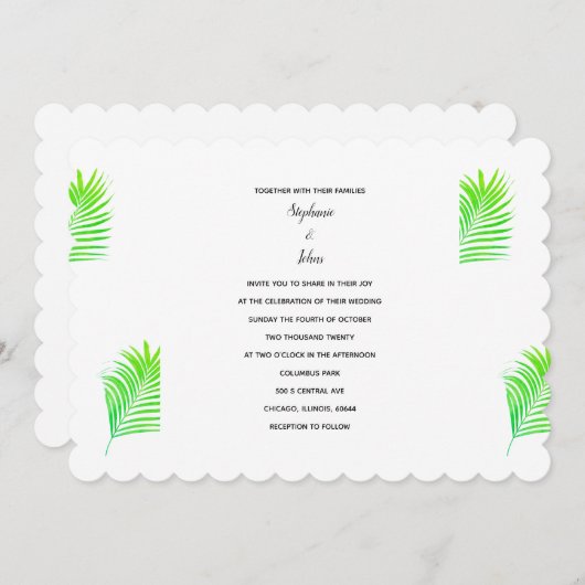 Invitation Feuilles de palmier Tropical Plutôt Vert Mariage b (Devant / Derrière)