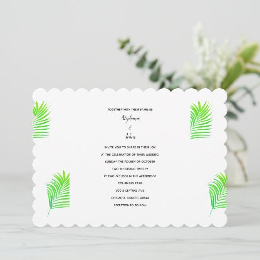 Invitation Feuilles de palmier Tropical Plutôt Vert Mariage b (Debout devant)