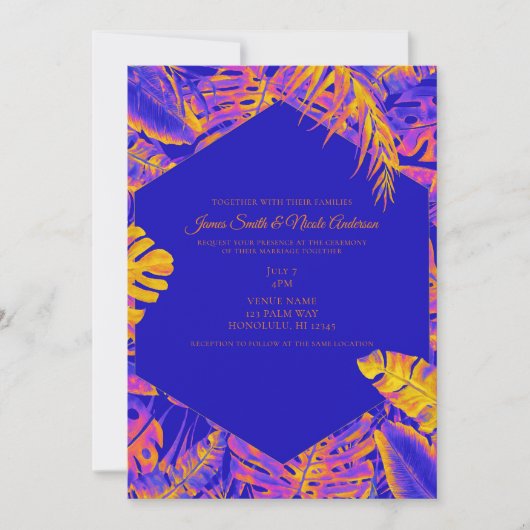 Invitation Feuilles de palmier tropicales bleues orange élect (Devant)