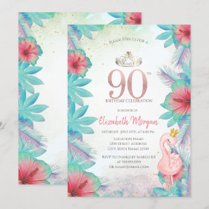 Invitation Feuilles de palmier tropicales Hibiscus Flamant ro