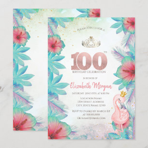Invitation Feuilles de palmier tropicales Hibiscus Flamant ro