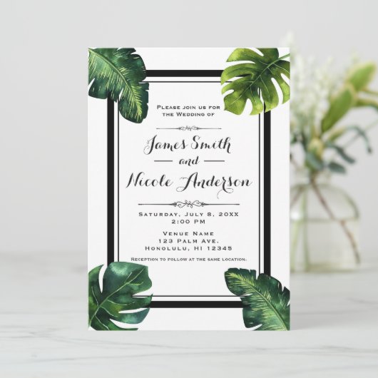 Invitation Feuilles de palmier tropicales Mariage Blanc Vert (Debout devant)