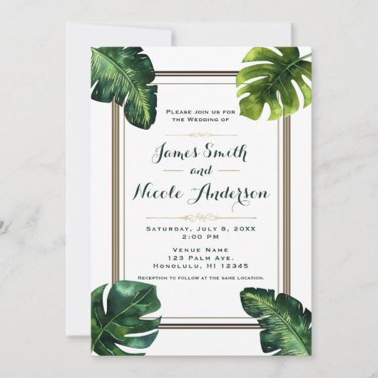 Invitation Feuilles de palmier tropicales Mariage blanc vert  (Devant)
