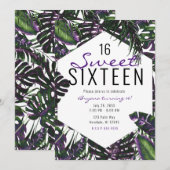 Invitation Feuilles de palmier tropicales violettes et vertes (Devant / Derrière)