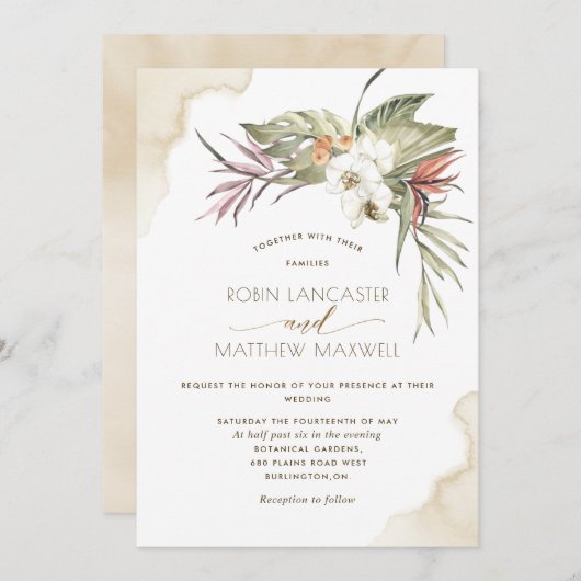 Invitation Feuilles de palmiers séchés à la flore tropicale, (Devant / Derrière)