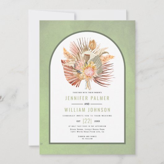 Invitation Feuilles de palmiers séchés, pampas herbe sauge ve (Devant)