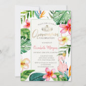 Invitation Feuilles de palmiers tropicaux Fleurs Flamant rose (Devant)