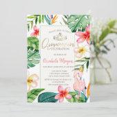 Invitation Feuilles de palmiers tropicaux Fleurs Flamant rose (Debout devant)