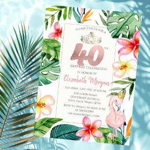 Invitation Feuilles de Palmiers Tropicaux Fleurs Flamant Rose