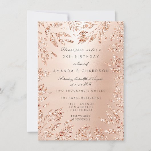Invitation Feuilles de Parties scintillant en or rose Flore F (Devant)