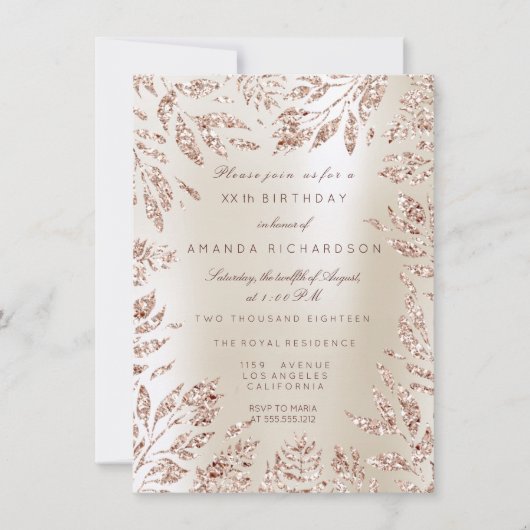 Invitation Feuilles de Parties scintillant en or Rose ivoire (Devant)