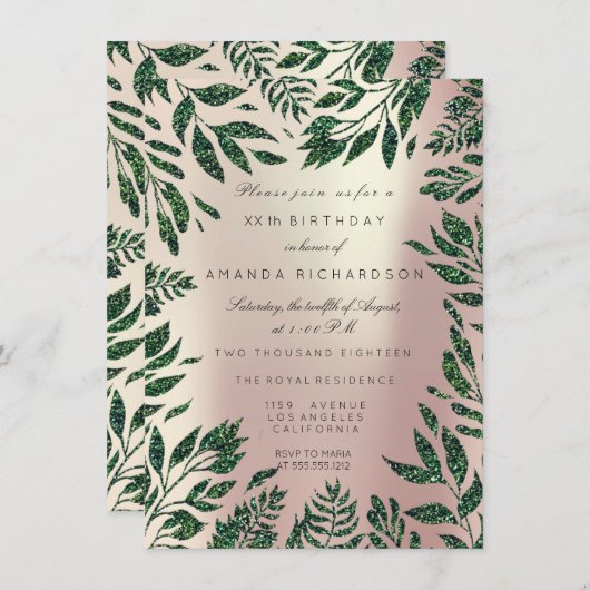 Invitation Feuilles de Parties scintillant Rose Rose Or Cadre (Devant / Derrière)