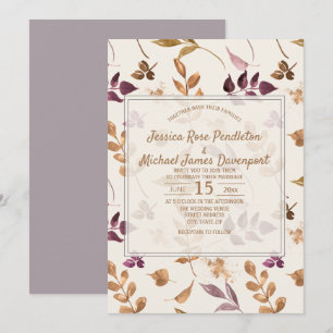 Invitation Feuilles de peinture à l'eau or violet mariage crè