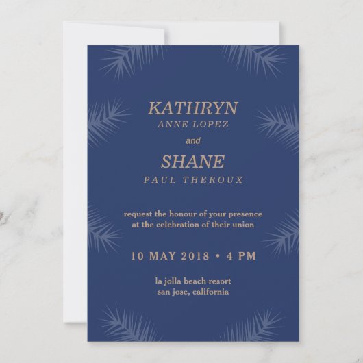 Invitation Feuilles de plage bleu foncé mariage (Devant)