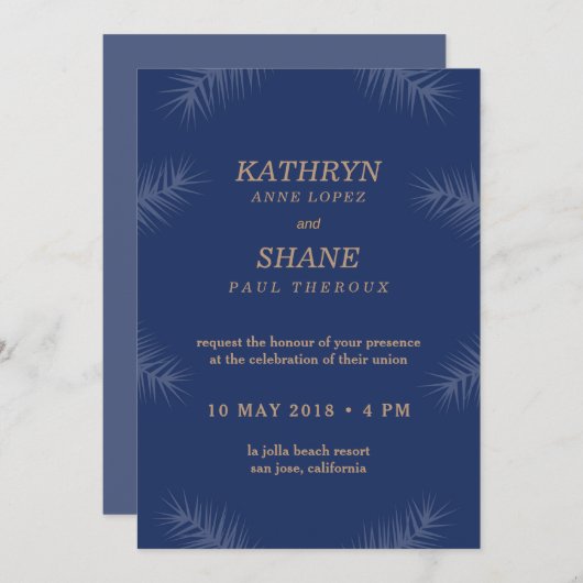 Invitation Feuilles de plage bleu foncé mariage (Devant / Derrière)