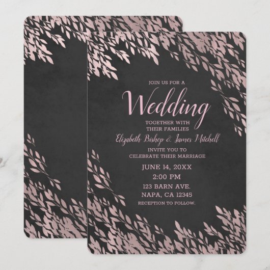 Invitation Feuilles de rose doré Mariage chic ardoise rustiqu (Devant / Derrière)