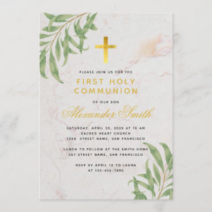 Invitation Feuilles de saule marbré d'or de première communio