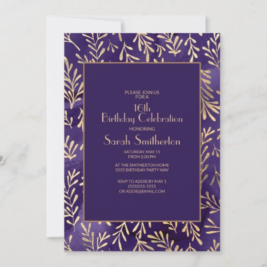 Invitation Feuilles de style violet or 16e anniversaire (Devant)