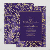 Invitation Feuilles de style violet or 16e anniversaire (Devant / Derrière)