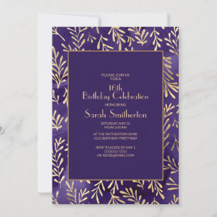 Invitation Feuilles de style violet or 16e anniversaire
