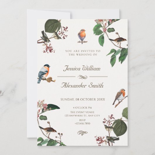 Invitation Feuilles de succursale mariage d'oiseaux (Devant)