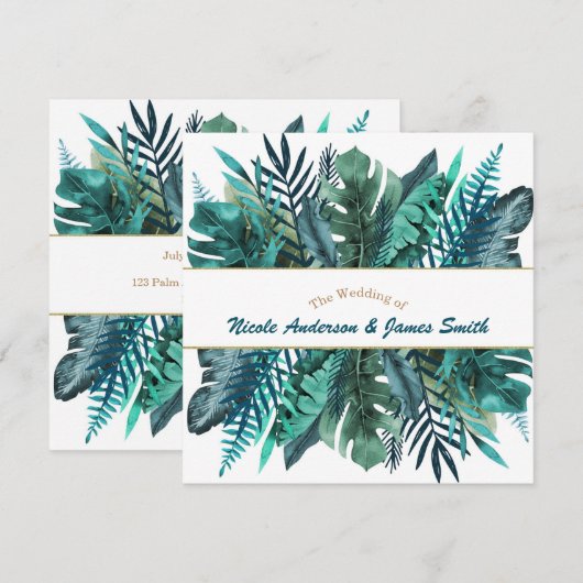 Invitation Feuilles de Teal Vert Tropical Élégant Mariage Bla (Devant / Derrière)