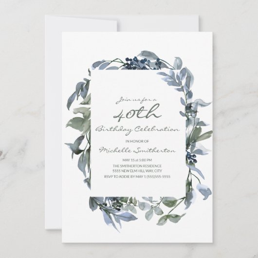 Invitation Feuilles de verdure aquarelle pour les 40 ans des (Devant)