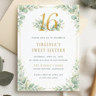 Invitation Feuilles de verdure dorée Sweet Sixteen 16 Anniver