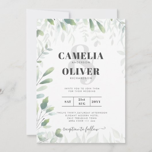 Invitation Feuilles de verdure moderne Mariage RSVP codé QR (Devant)