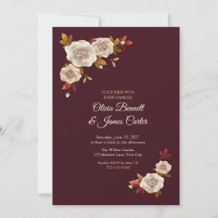 Invitation Feuilles d'érable et roses crème Mariage bordeaux