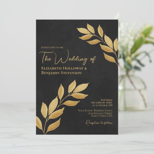 Invitation Feuilles désireux Elegant Chic Black & Gold Mariag (Debout devant)