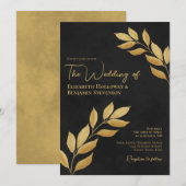 Invitation Feuilles désireux Elegant Chic Black & Gold Mariag (Devant / Derrière)