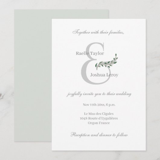 Invitation Feuilles d'eucalyptus esperluette mariage gris bla (Devant / Derrière)